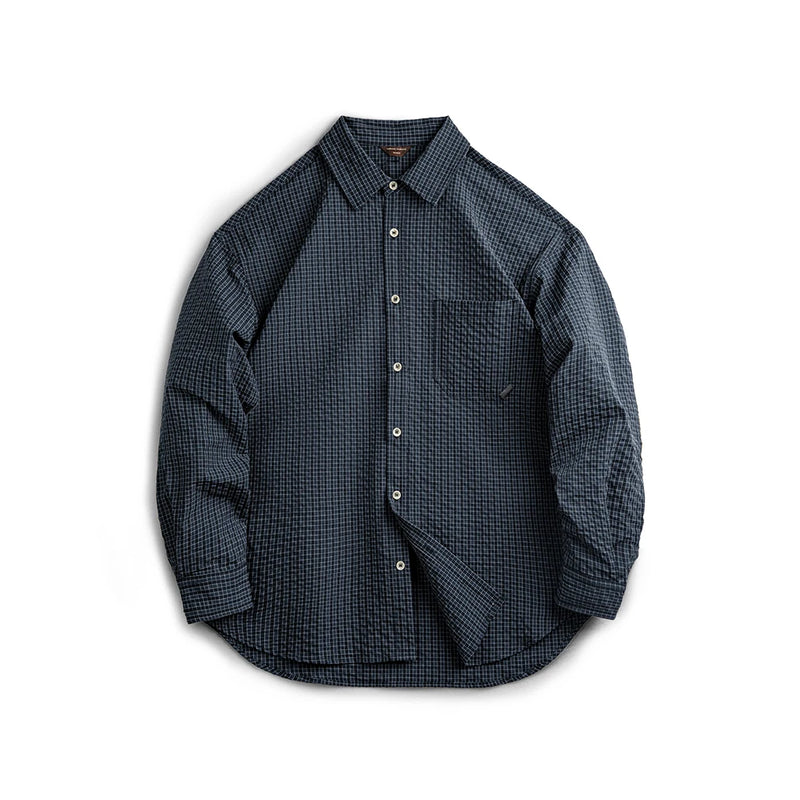 អាវយឺតដៃវែង Maden Retro Seersucker Plaid មានលំនាំ Lapel Splicing Single-Breasted Design សម្រាប់រដូវស្លឹកឈើជ្រុះរបស់បុរស