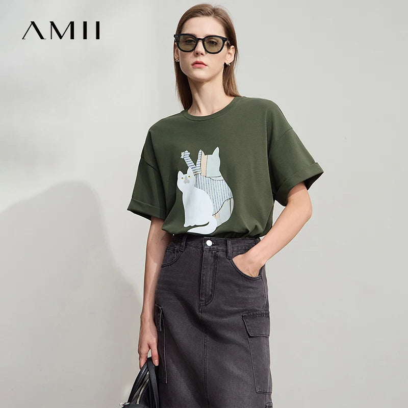 អាវយឺត Amii សម្រាប់នារី រចនាបថថ្មី កអាវរាងអក្សរ O បោះពុម្ព រលុង ធ្វើពីកប្បាស លាតសន្ធឹង 12522144