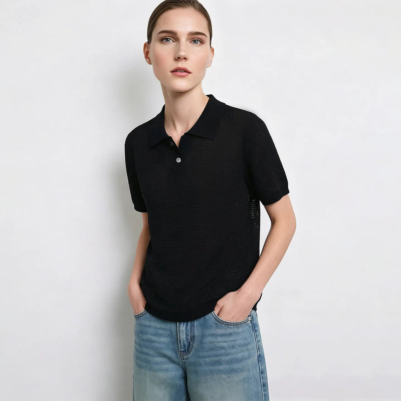 Amii Women's Knit Top 2026 Summer New Lapel Collar Half Placket Loose Sweater Casual Short Cropped Pullover For Women 12642134