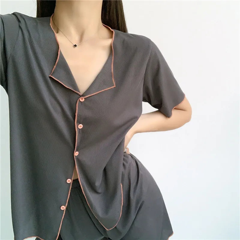 Fdfklak New Short Sleeve Pajamas Women V Neck Ice Silk Thin Korean Sleepwear Set Lounge Wear Shorts Suit Pijama Feminino