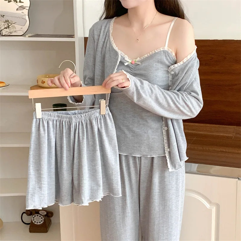 Women’s Loungewear Night Wear for Ladies Nightie Female Clothing Chest Pads Four-piece Pajamas New Spring Autumn Pyjama Pijama