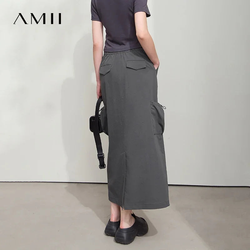 Amii Minimalist Women Clothing Skirt 2026 Autumn New Casual Loose Multi-pocket Drawstring Elastic Waist Long Skirt 12522020
