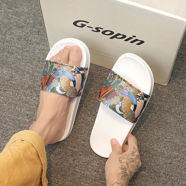 Couples Casual Oil Painting Wind Slippers Summer Soft-Sole Non-Slip Outdoor Beach Shoes Fashion Men and Women's Walking Sandals
