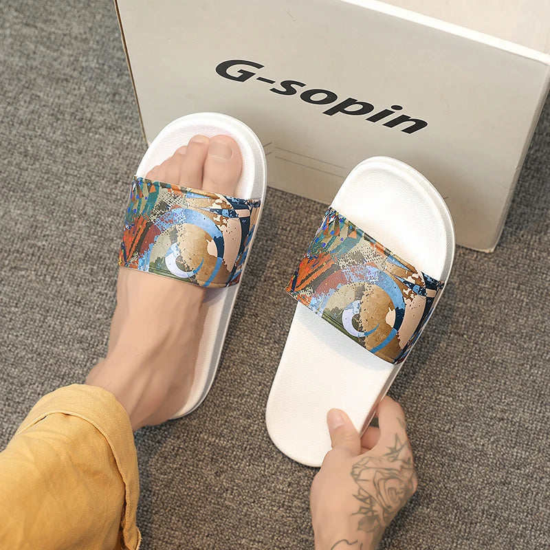 Couples Casual Oil Painting Wind Slippers Summer Soft-Sole Non-Slip Outdoor Beach Shoes Fashion Men and Women's Walking Sandals