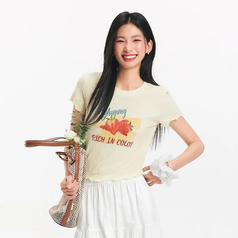 Semir Women Fruit Print T-Shirt Ruffle Hem Textured Slim Fit 2025 Summer Soft Aesthetic