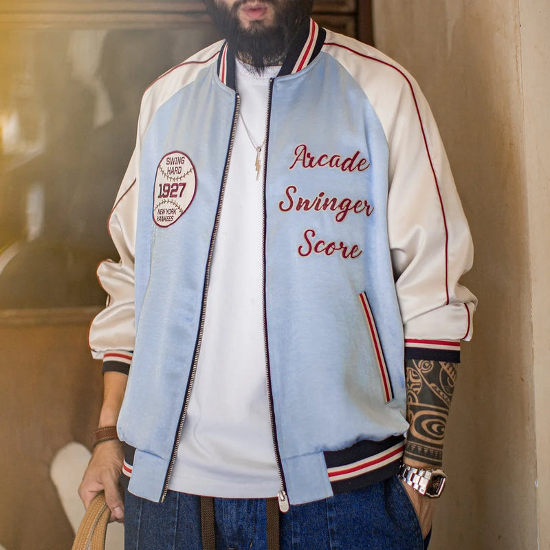 អាវ Maden បុរស Vintage ប៉ាក់ Souvenir Jacket Satin Contrast Baseball Bomber Outwear Short Zip Up Casual Jacket សម្រាប់រដូវផ្ការីក និងរដូវស្លឹកឈើជ្រុះ