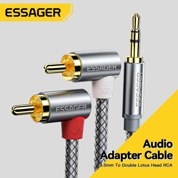 ខ្សែ Essager 90° RCA Jack 3.5 ទៅ RCA ខ្សែអូឌីយ៉ូ 3.5mm Jack ទៅ 2RCA Male Splitter Aux Cord សម្រាប់ទូរទស្សន៍កុំព្យូទ័រ ឧបករណ៍ពង្រីកសំឡេង ឌីវីឌី ខ្សែឧបករណ៍បំពងសម្លេង