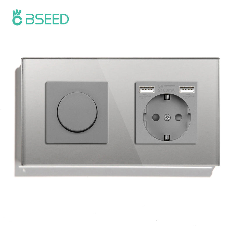 BSEED Mechanical Dimmer Light Switch Plus EU Socket USB Type-C Port Power Outlet Led Dimmable Switch Glass Frame 10A