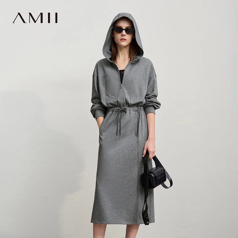 រ៉ូប Amii មានក្រណាត់សម្រាប់នារី រដូវស្លឹកឈើជ្រុះឆ្នាំ ២០២៦ រ៉ូបកប្បាសចង្កេះយឺតធម្មតាសម្រាប់នារី សម្លៀកបំពាក់ប៉ាក់ដៃវែង 12621017