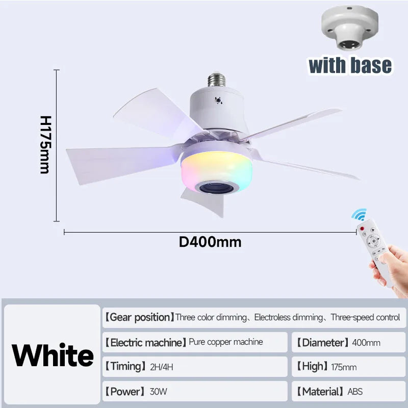 4 in 1 RGB Intelligent E27 Ceiling Fan Light 3-Speed Remote Control 5-Speed Fan with Speaker Dimming Mode for Bar Home Party