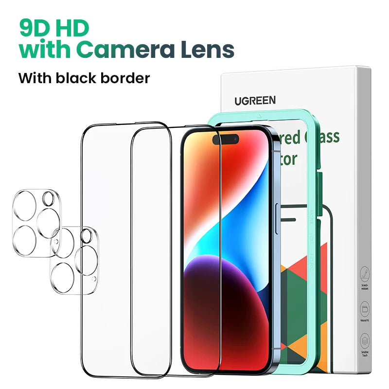 UGREEN 2PCS Screen Protector For iPhone 15 14 13 12 Pro Max Full Cover Tempered Glass For iPhone 14 Plus Camera Lens Protectors