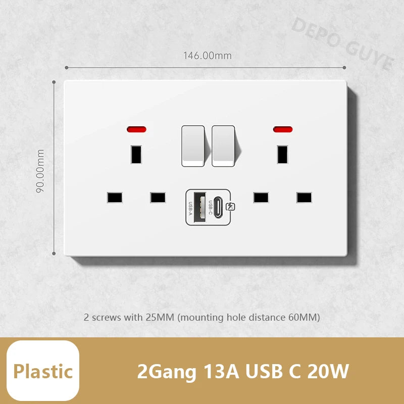 Universal 20W Type-C Wall Quick charge Socket,Dual Switch control Universal Power outlet,White UK Standard USB Interface Socket