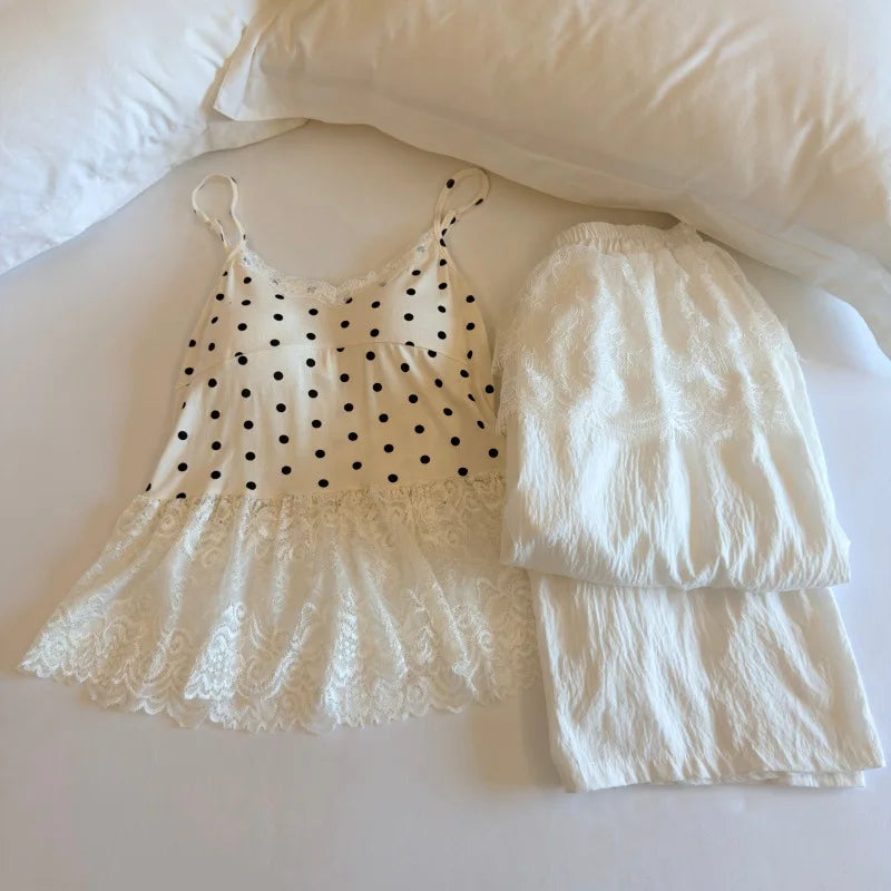 Thin Women's Pajamas Chest Pad Sleeveless Tops and Long Pants Sleepwear 2 Piece Home Clothes Comfortable Loungewear Pijama Suit