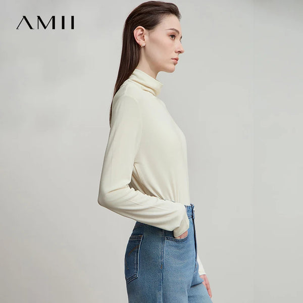 AMII 2026 New Arrival Autumn T-Shirt Pleated Heaps Collar Base Knit Tops Solid Long Sleeves Casual Slim Women Pullover 12523046
