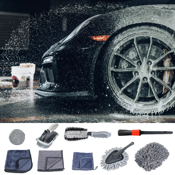 SEAMETAL 9pcs Car Wash Brush Towel Kit Professional Car Wheel Tire Cleaning Brush Towel Glove Wash Pad Set for Car Accessories