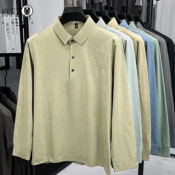 Mens Classic Heather Polo T Shirt Lapel Style Long Sleeve Button Placket Comfort Top For Daily Work And Outdoor Wear