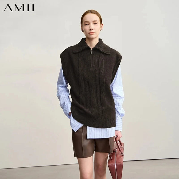 AMII Women's Sweater 2026 Winter New Minimalist Commuter Solid Versatile Loose Pullover Knitted Sleeveless Vest Women 12524121
