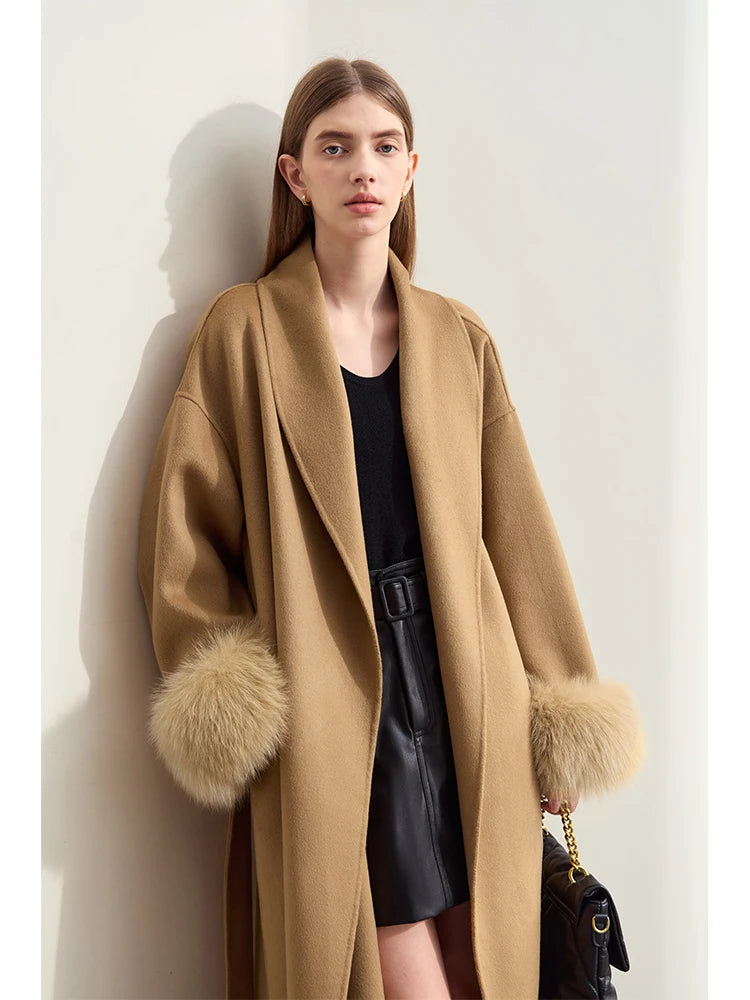 Amii Winter Clothes Women 2026 Long Coat Women's Wool 100% Removable Fox Fur Cuffs Loose Soild Office Lady Jacket 12424015