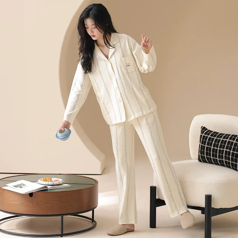 Fashion Printed Women's Pajamas 100% Cotton Long Sleeve Tops Pant Suit Lounge Spring Autumn Home Clothes Big Size Sleepwear