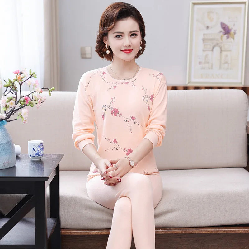 Middle Aged Mother Cotton Pajamas Set Long Sleeve Sleepwear Women 2 Piece Outfit Plus Size Homewear Autumn Winter Pijama Mujer