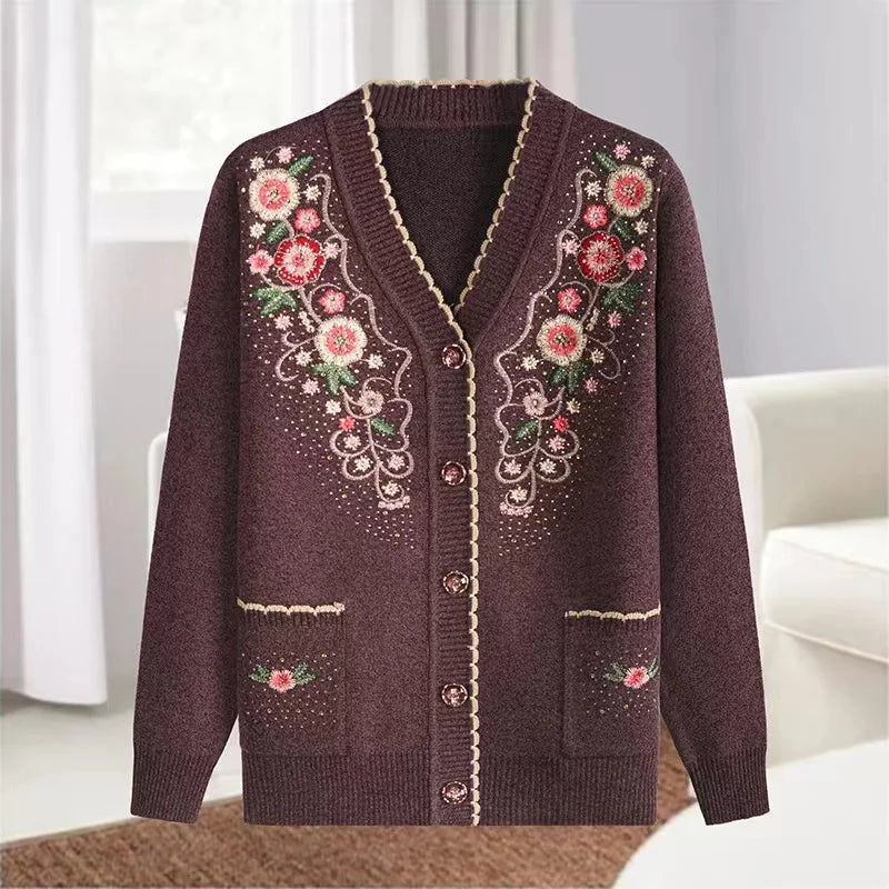 New Casual V-neck Long Sleeve Coat Female Knitted Wool Sweater Spring Autumn Middle-aged Elderly Women's Sweater Cardigan Jacket