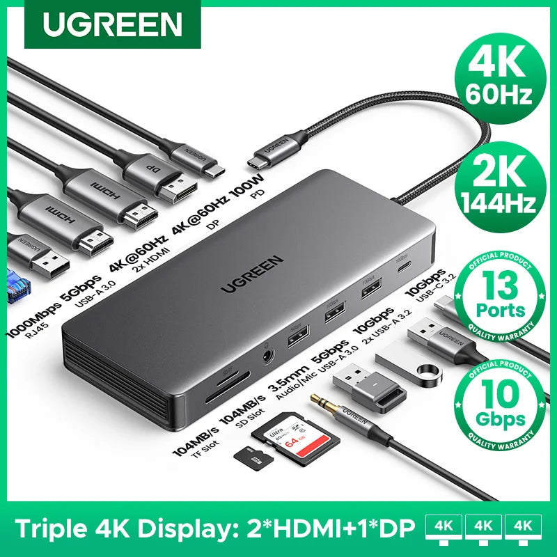 UGREEN 13-in-1 USB-C HUB Triple Display 4K Dual HDMI DP 10Gbps USB3.2 PD100W SD/TF Docking Station for MacBook Pro Air Dell XPS
