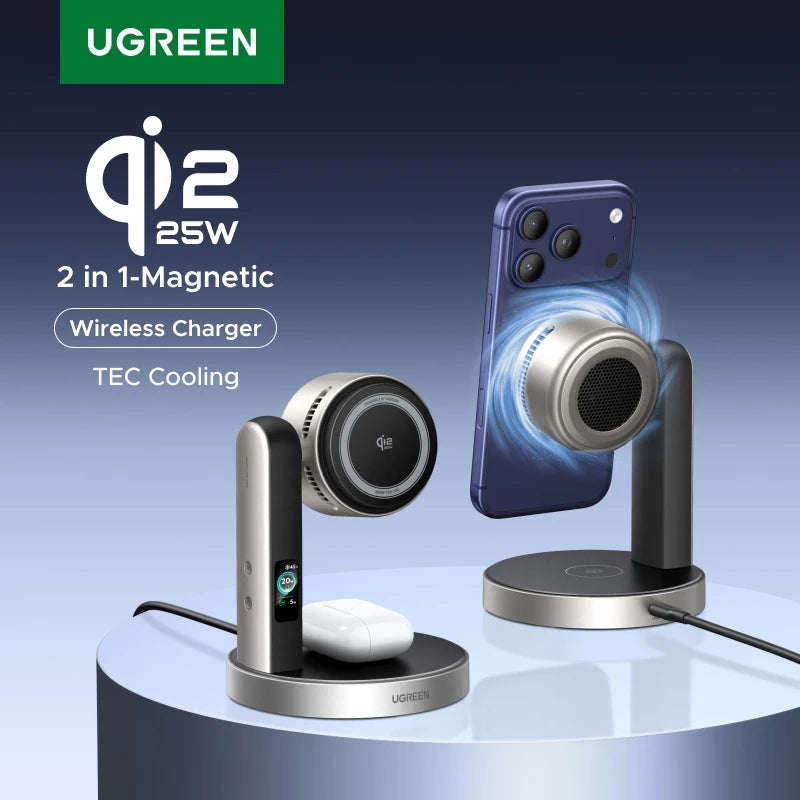 UGREEN MagFlow Pro Qi2.2 25W 2 in 1 Magnetic Wireless Charger with Cooling System For iPhone 16 17 Pro Wireless Fast Charging