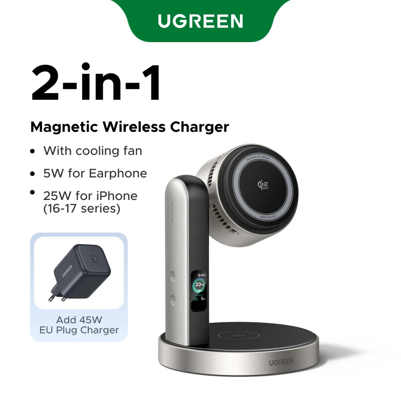 UGREEN MagFlow Pro Qi2.2 25W 2 in 1 Magnetic Wireless Charger with Cooling System For iPhone 16 17 Pro Wireless Fast Charging