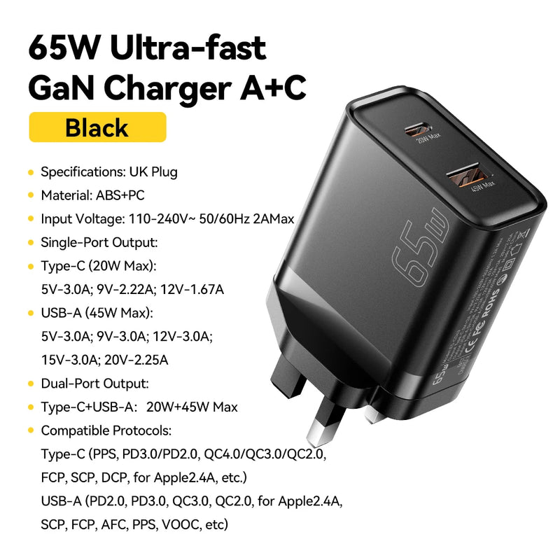 Essager 65W USB Type C GaN Charger QC 4.0 PD 3.0 Fast Charger for iPhone 16 15 14 13 Pro Max Samsung S24 Xiaomi MacBook Laptop