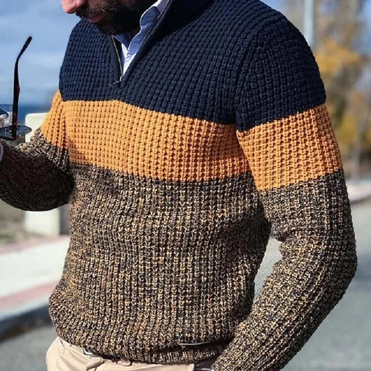 Men's Color Block Turn-Down Collar Knit Sweater - Gray (Yellow/Orange Red) M-2XL