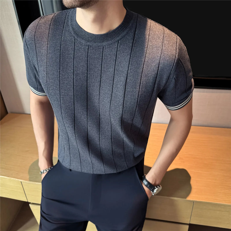 Men's Natural Linen Short Sleeve Knit Shirt - Cool Breathable Ribbed Crew Neck Top with Smooth Texture & Shape Retention