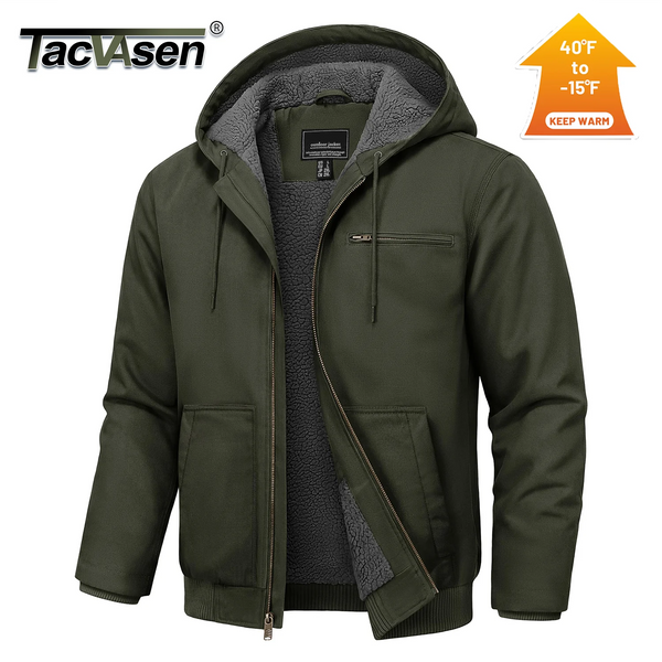 TACVASEN Men's Hooded Work Sherpa Insulated Jacket Winter Fleece Lined Duck Heavy Duty Canva Cotton Coat with Hoodie Waterproof