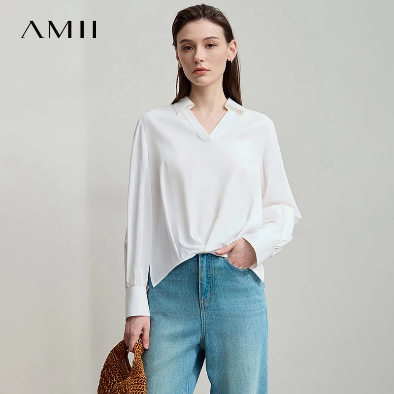 អាវ AMII រដូវស្លឹកឈើជ្រុះឆ្នាំ ២០២៥ អាវថ្មីសម្រាប់នារី អាវការិយាល័យ អាវដៃវែង ក V រាងកអាវ អាវកប្បាស Lyocell រលុង 12543021