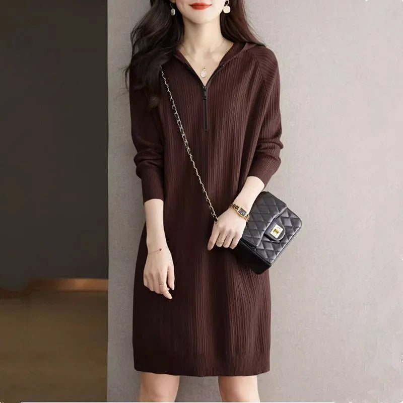 New Hooded Sweater For Women Short Dress Fashion Zipper Spring Autumn Long Sleeve Female Knitwear Jumper Woolen Pulls Femmes