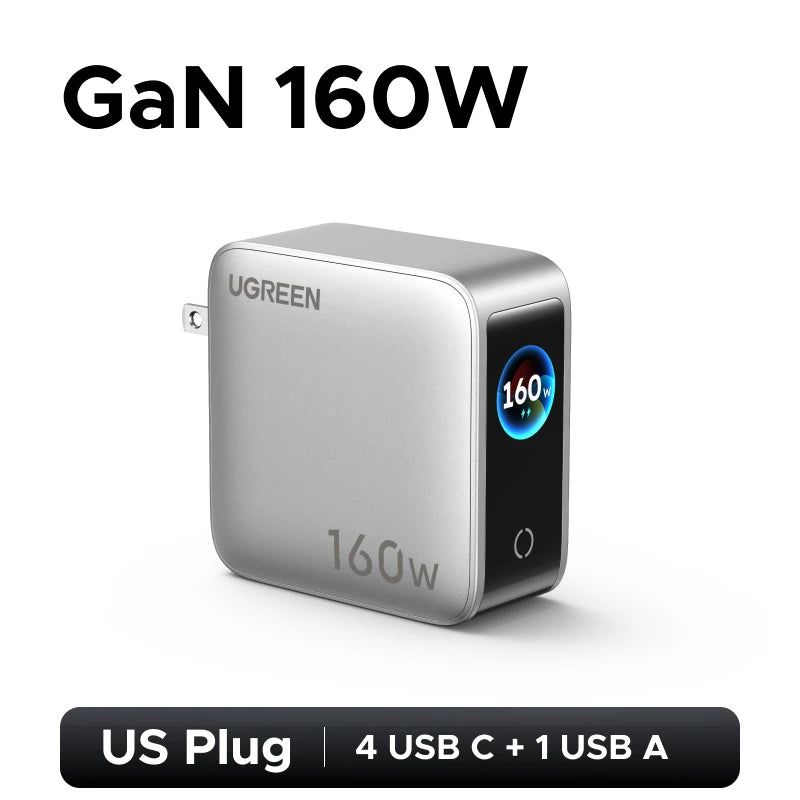 UGREEN 160W GaN Charger With Smart Display AVS PD 3.1 140W QC4.0 For MacbookPro Laptop iPhone 18 17 iPad Tablet SamsungS25 Ultra