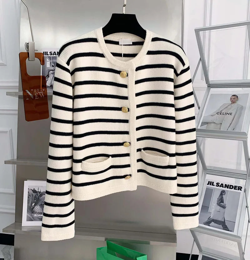 Gold Button Contrast Stripe Long Sleeve Top Small Fragrant Knitted Cardigan Sueter Womens Clothing Spring Autumn Sweater Coat