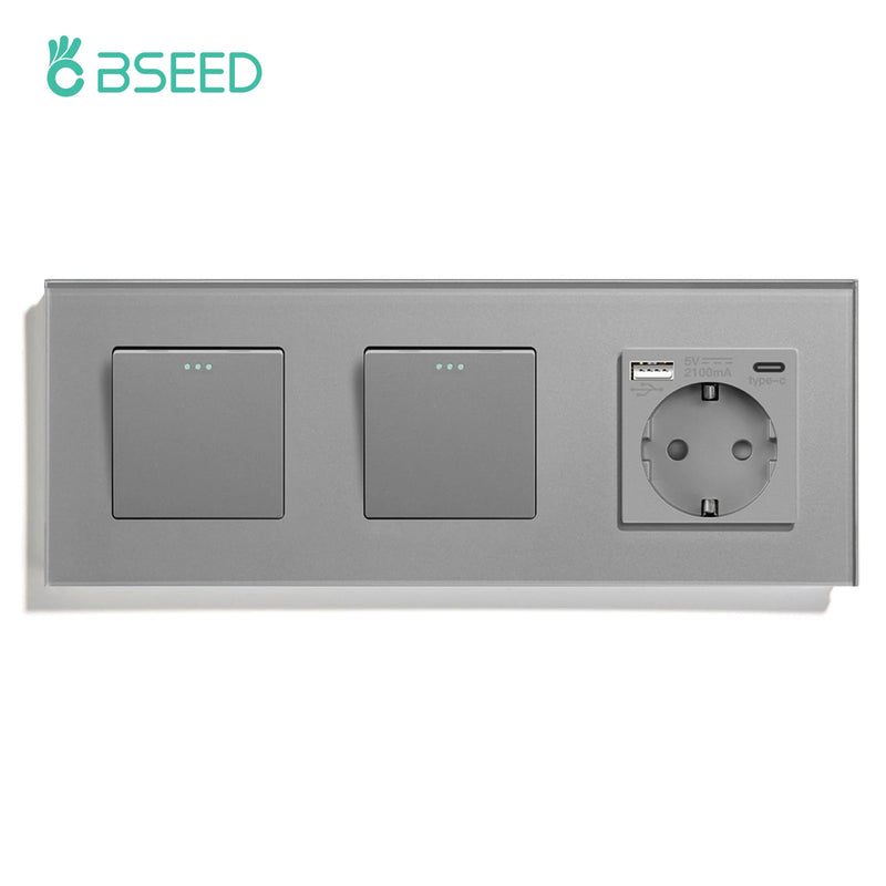 BSEED EU Standard Wall Button Switches Double 1Gang 1Way Wall Power Sockets USB Charger Glass Panel Type-C Socket Outlets