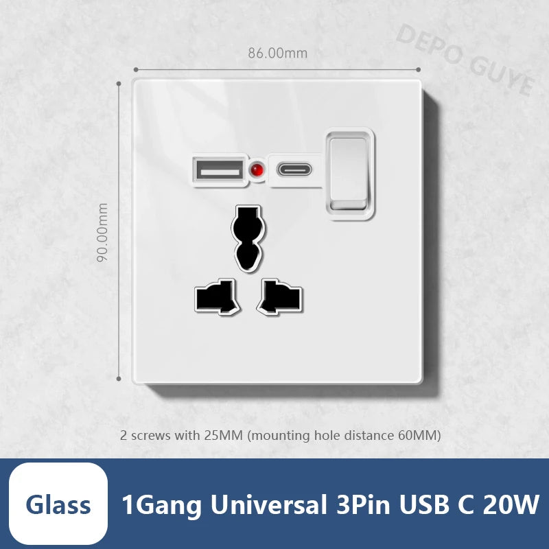 Universal 20W Type-C Wall Quick charge Socket,Dual Switch control Universal Power outlet,White UK Standard USB Interface Socket