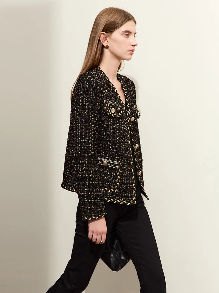 AMII Elegant Woolen Coats For Woman 2026 Autumn New V-neck Wool Tweed Jacket Women's Retro Loose Straight French Top 12343512