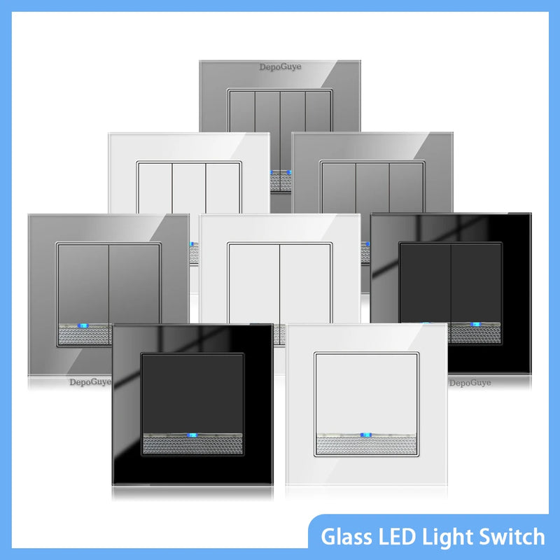 Tempered Glass Wall Switch With LED Indicator Light 1/2/3/4Gang 1/2Way EU UK Standard 16A 220V Light Switch Home Decoration