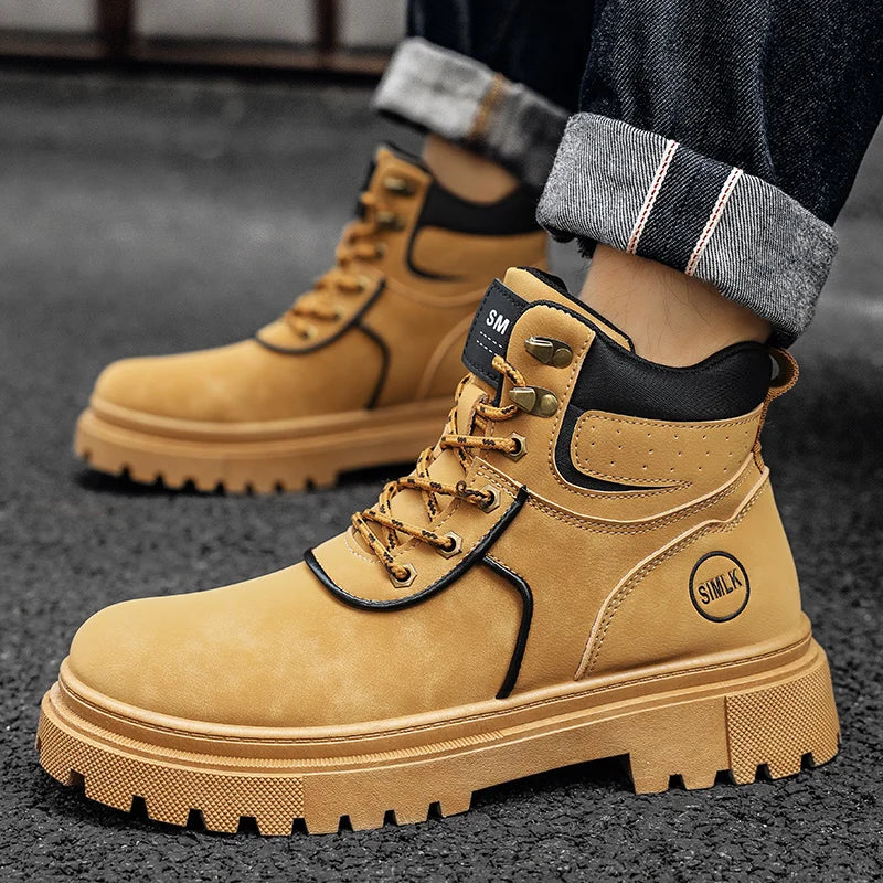 Men's boots autumn winter new fashion casual yellow boots anti slip soft sole comfort outdoor boots youth high top tooling boots