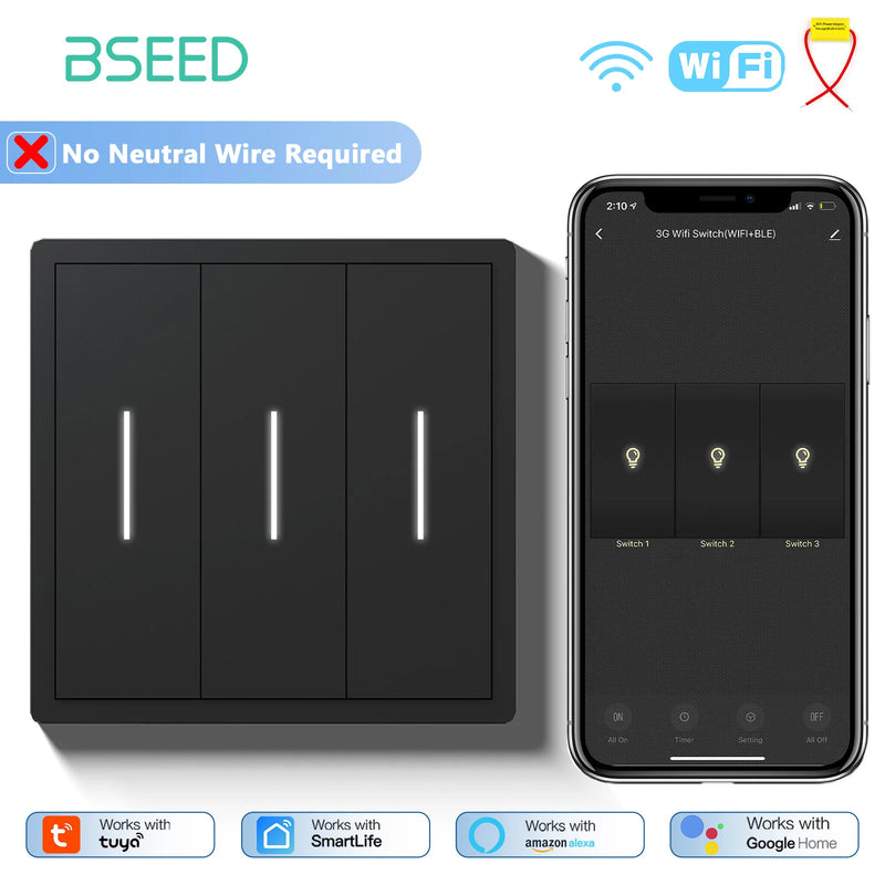 BSEED WIFI Button Light Switch 1/2/3/4Gang Smart Switch Plastic Frame Tuya Smart Life Alexa Voice Control Without Neutral Line