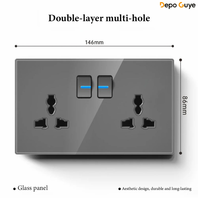 Grey Tempered Glass UK Standard 13A Wall Switch Socket with LED USB Type-C TV CAT6 Data Outlet British Electrical Wall Panel