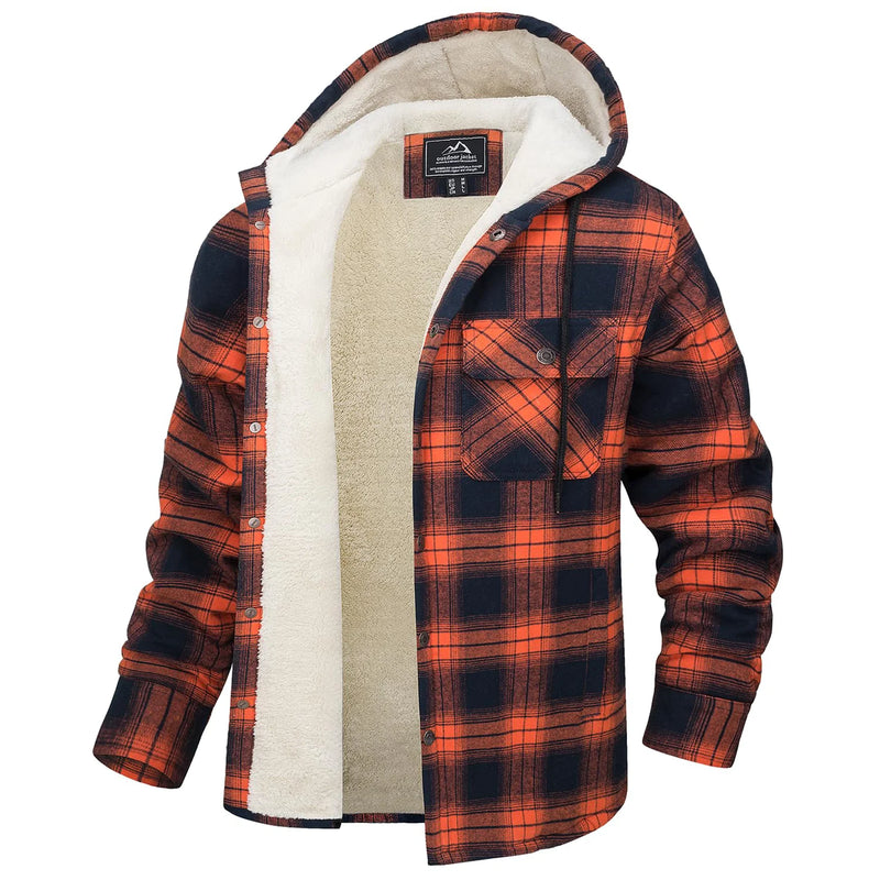 TACVASEN Sherpa Lined Flannel Jacket Mens Heavyweight Hooded Fleece Jacket Thicken Warm Button Down Plaid Jacket Outwear Coats