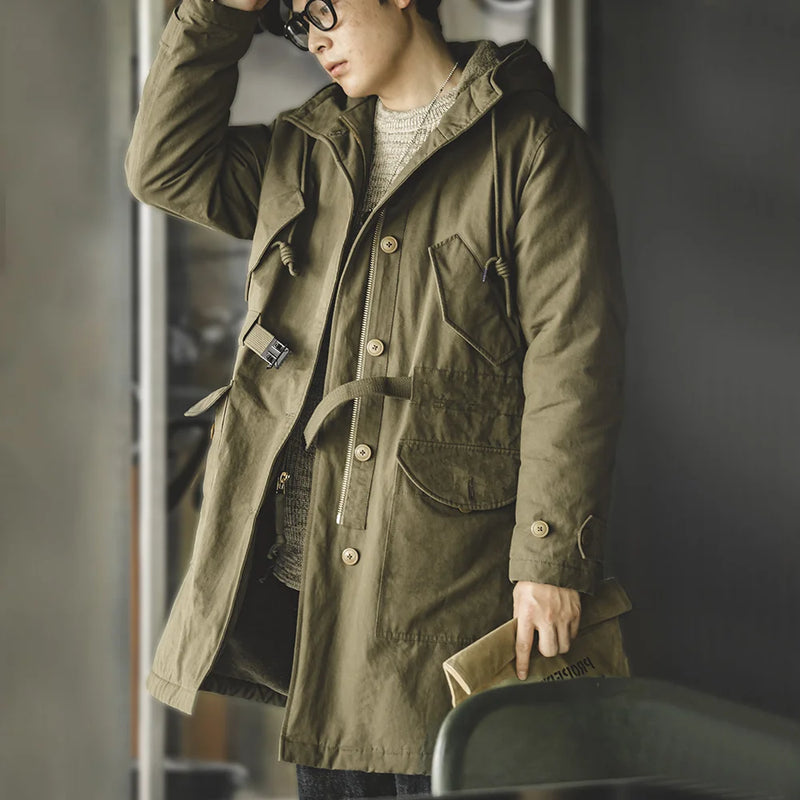 Maden Heavyweight M47 Parka for Men Mid-length Thickened Hooded Coat Adjustable Cuffs Winter Warm Fleece-lined Cotton Jacket