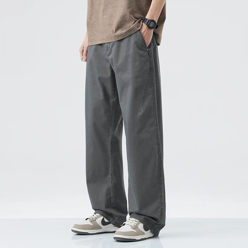 DUKEEN 100% Cotton Men's Casual Long Pants Summer Relaxed Straight Fit Wrinkle-Resistant Non-Iron Basic Khaki Chinos
