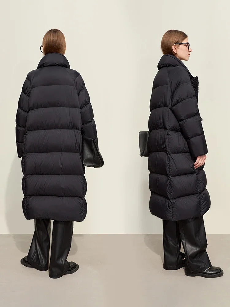 AMII Women's White Duck Down Coat 2026 Winter Long Down Jacket Female Single-breasted Blazer Collar Big Pocket Outwear 12344188