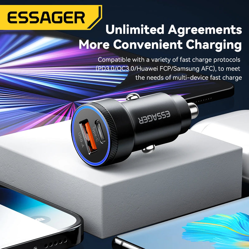 ឆ្នាំងសាករថយន្ត Essager 54W USB 5A សាកលឿន 3.0 QC PD 3.0 SCP AFC 30W USB ប្រភេទ C សាកលឿនសម្រាប់ iPhone Huawei Samsung Xiaomi