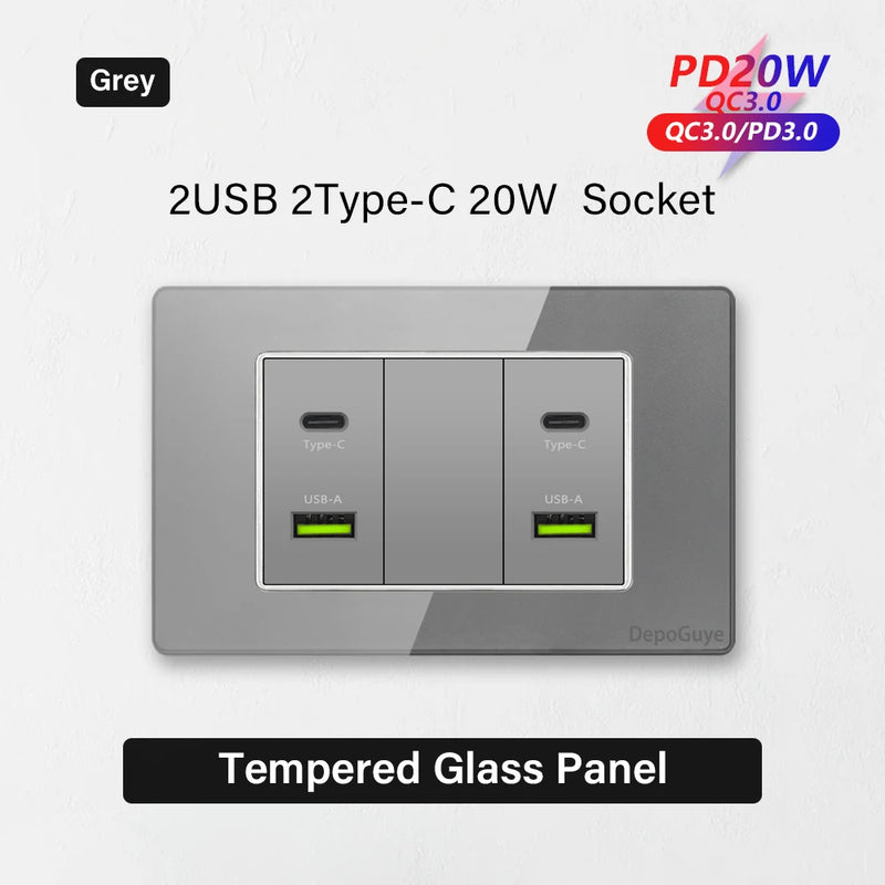 Type 118 White Black Grey Tempered Glass Wall Socket Panel 6 Charging port Triple USB Type C Wall Plug 3.1A 5V Outlet 118*75mm