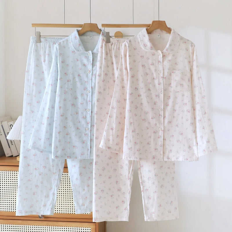 Pure Cotton Pajamas For Women Pyjamas Autumn Long-Sleeve Lapel Sleepwear Cotton Women's Loungewear Pjs Home Suit Sleeping Wear